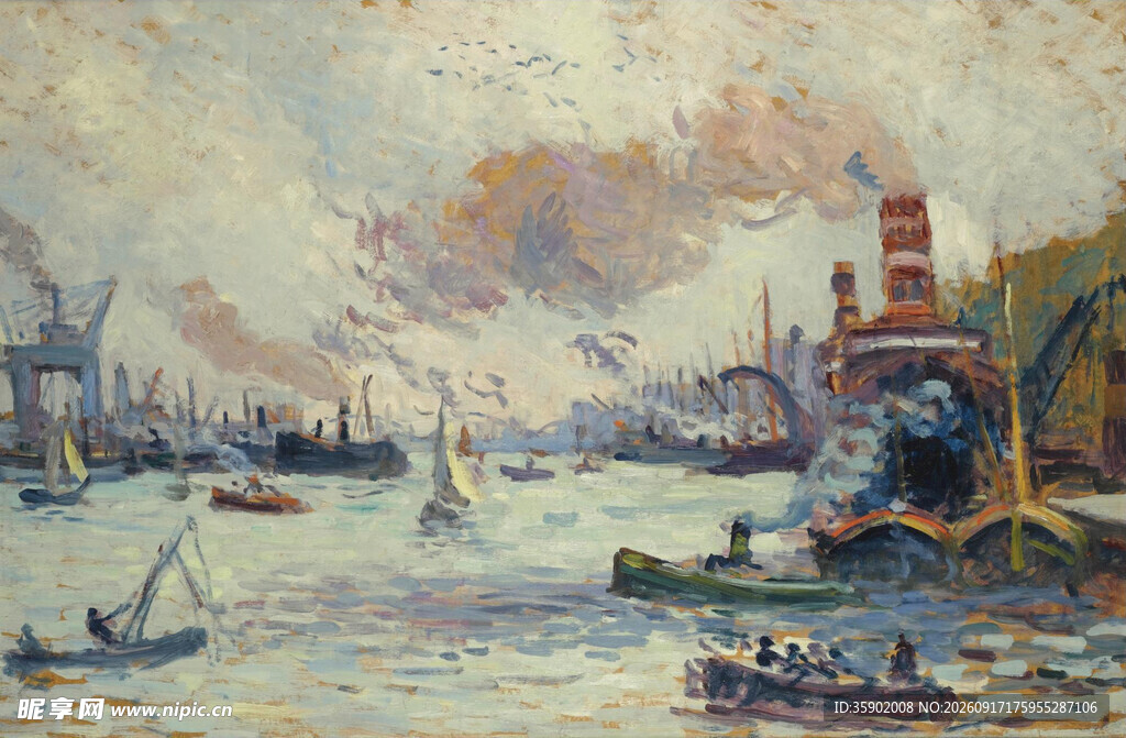 港口船只油画风景