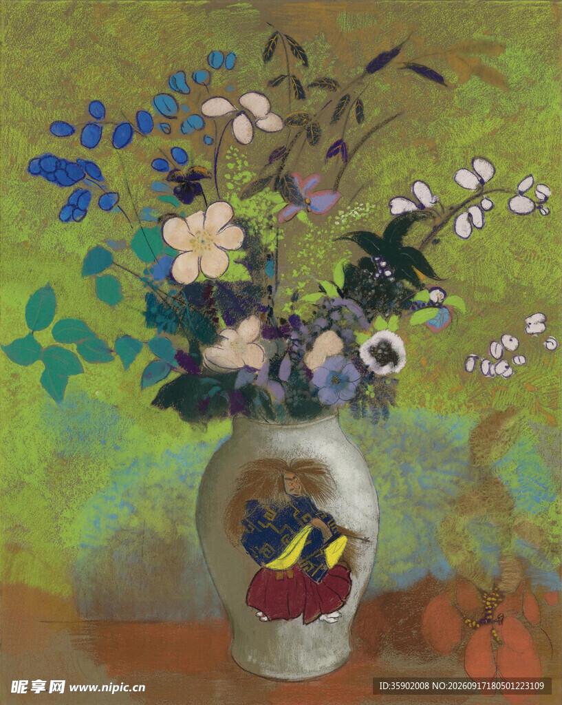 花瓶中的多彩花卉静物画