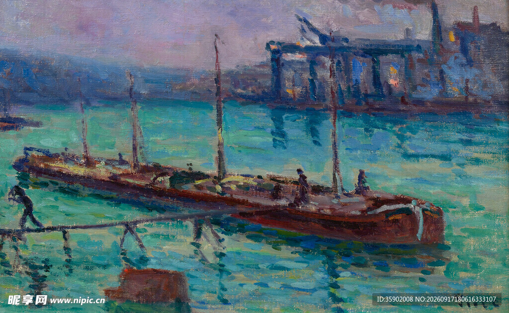 港口船只油画风景