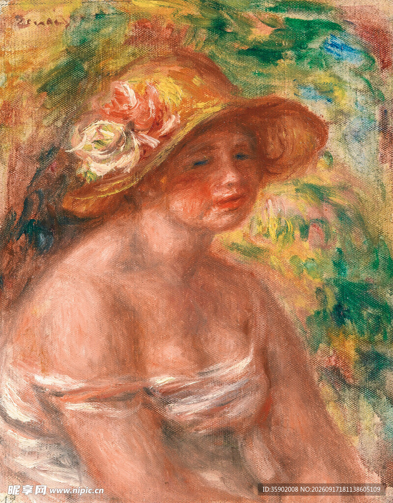 戴花帽的女子油画