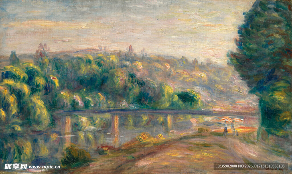 乡村河畔风景油画