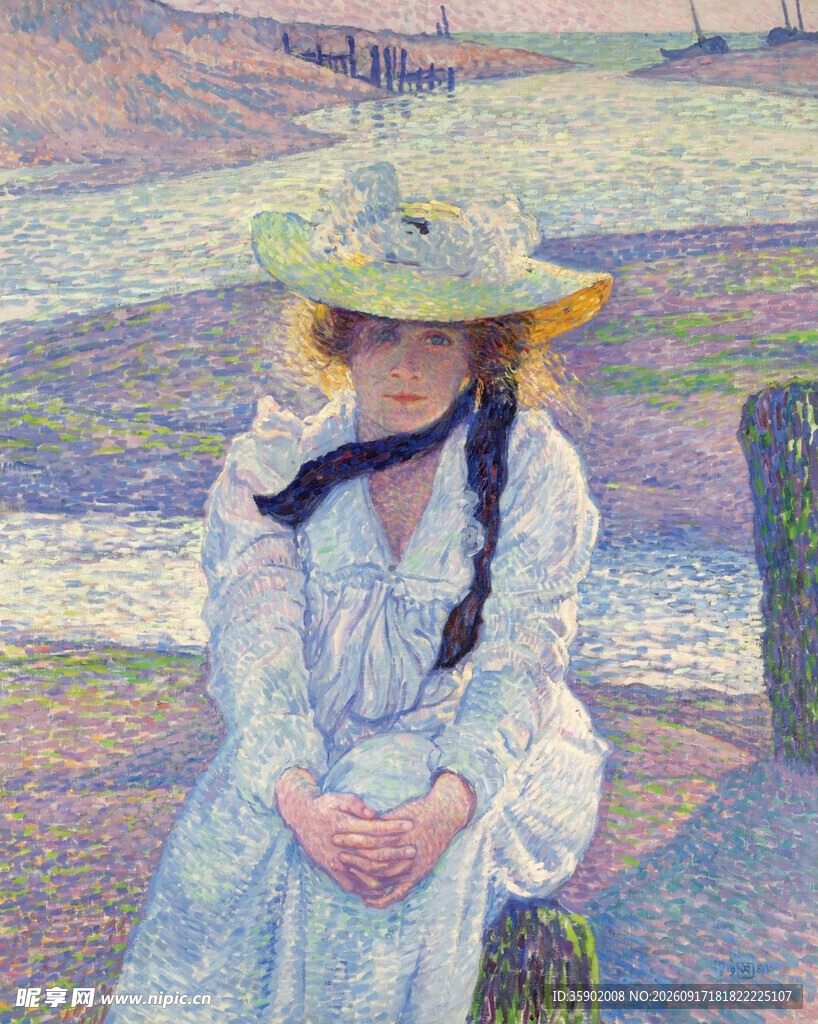 戴草帽的女子田园风景图