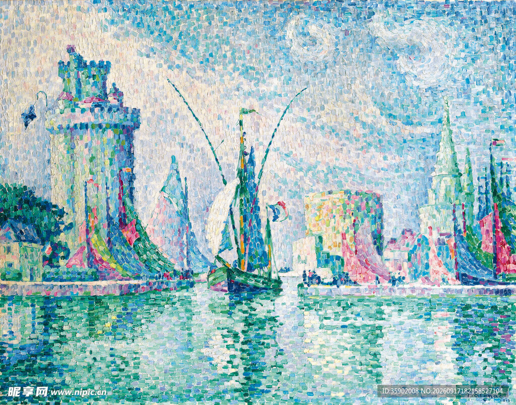 海滨城市风景水彩画