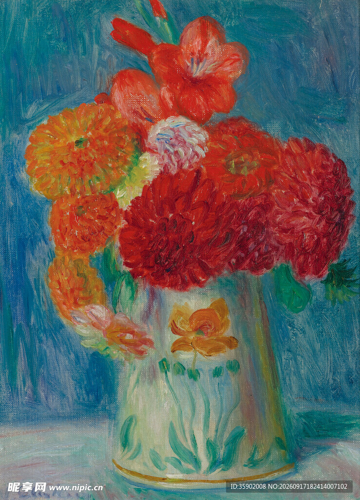 花瓶中的多彩花卉油画