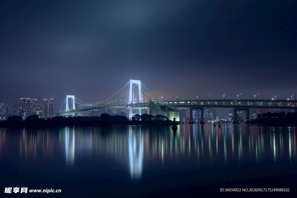 夜晚桥梁倒影美丽夜景