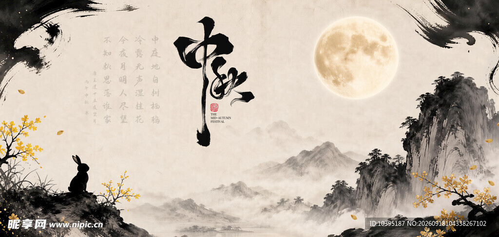 中秋中式山水墨韵意境图海报