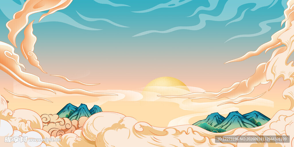 海上日出伴远山美景
