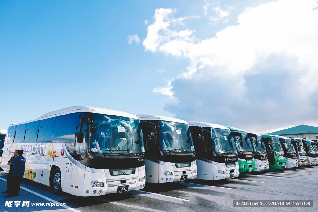 一排整齐停放的旅游大巴