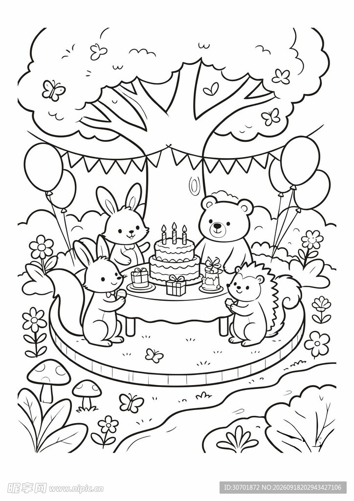 幼儿童森林派对涂色简笔画线稿