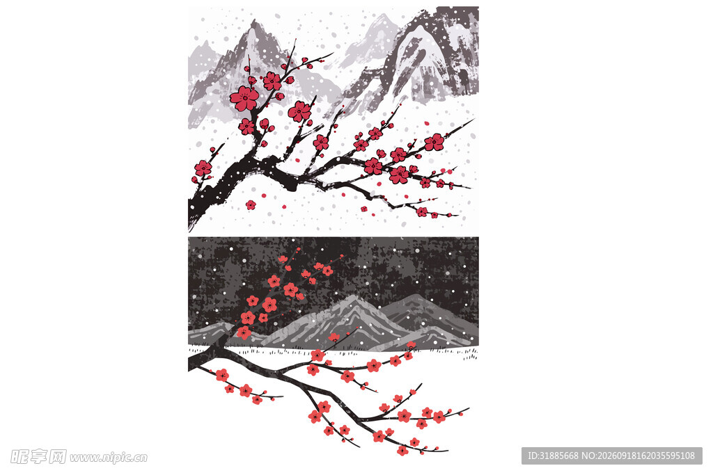 水墨梅花与远山景致