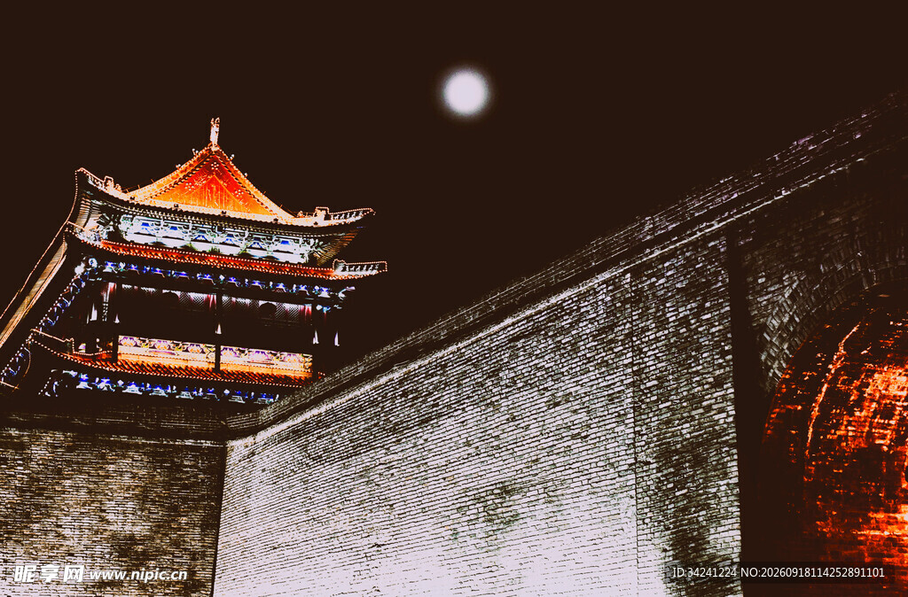 月夜下的古城楼阁