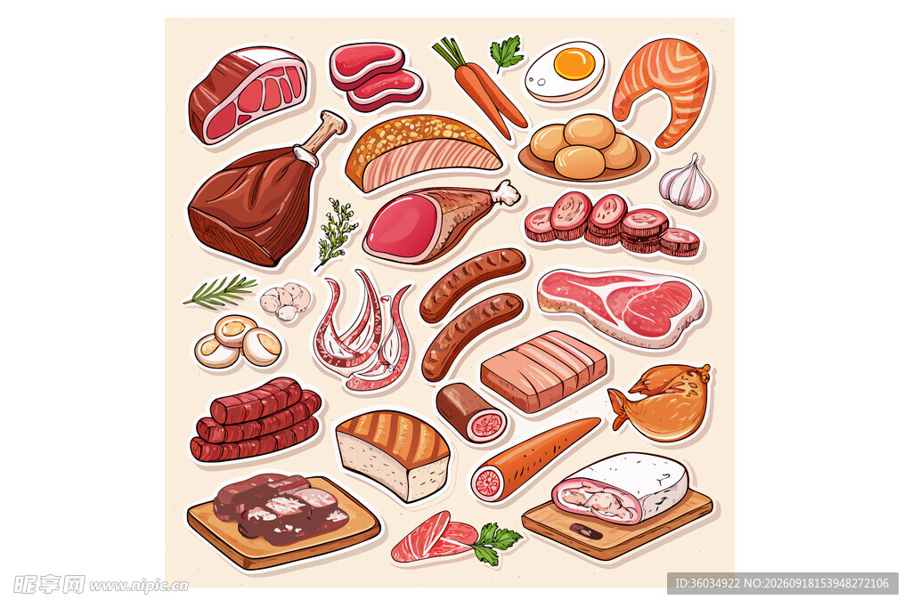 多样肉类食材插画展示