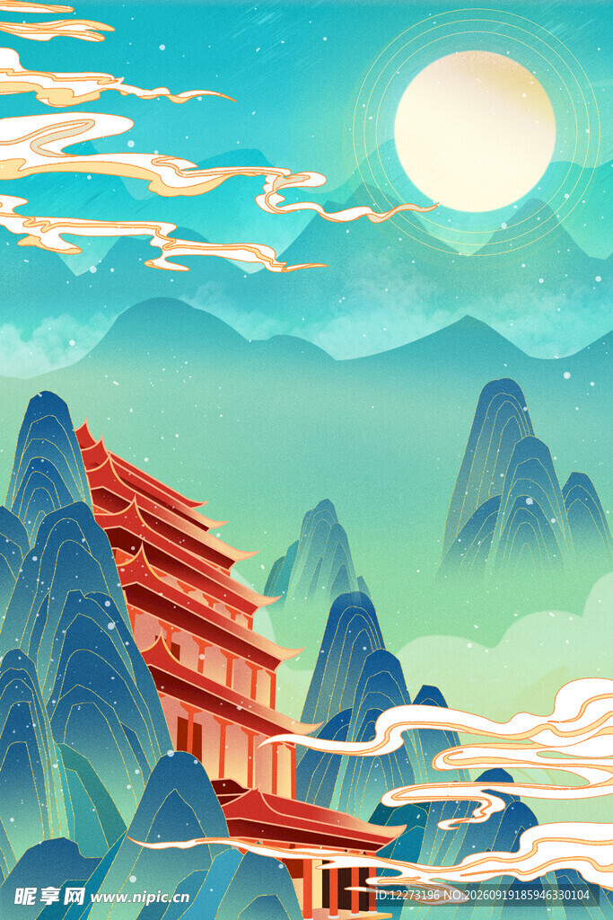山间古楼映月美景