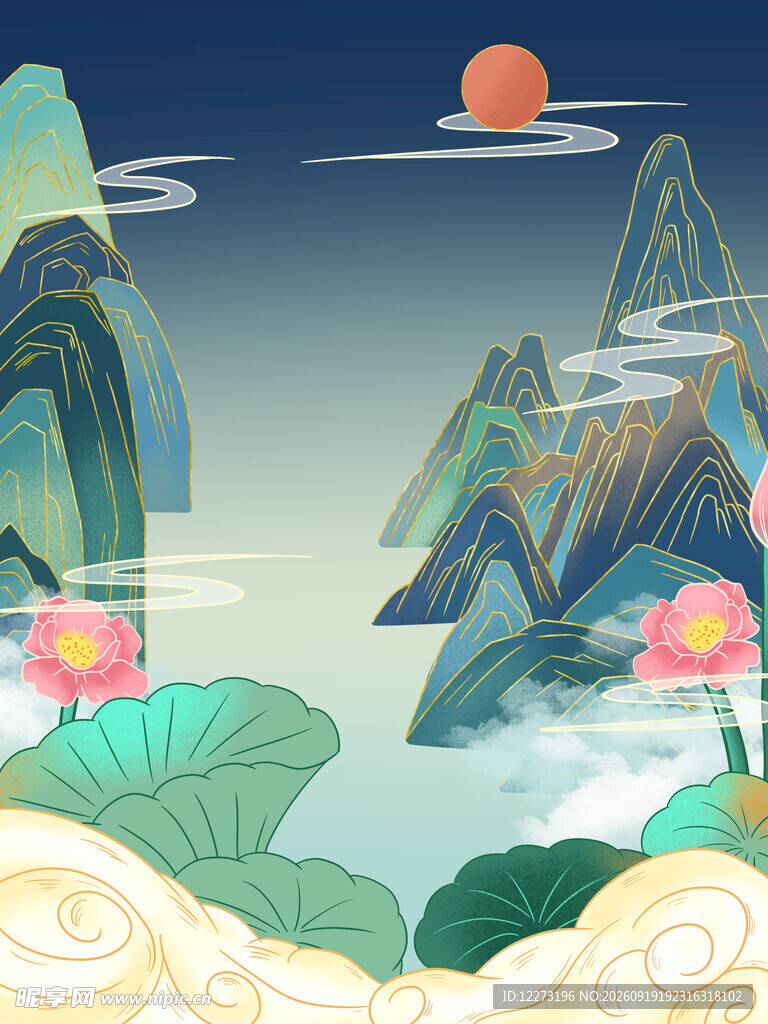 国风山水荷花月夜美景