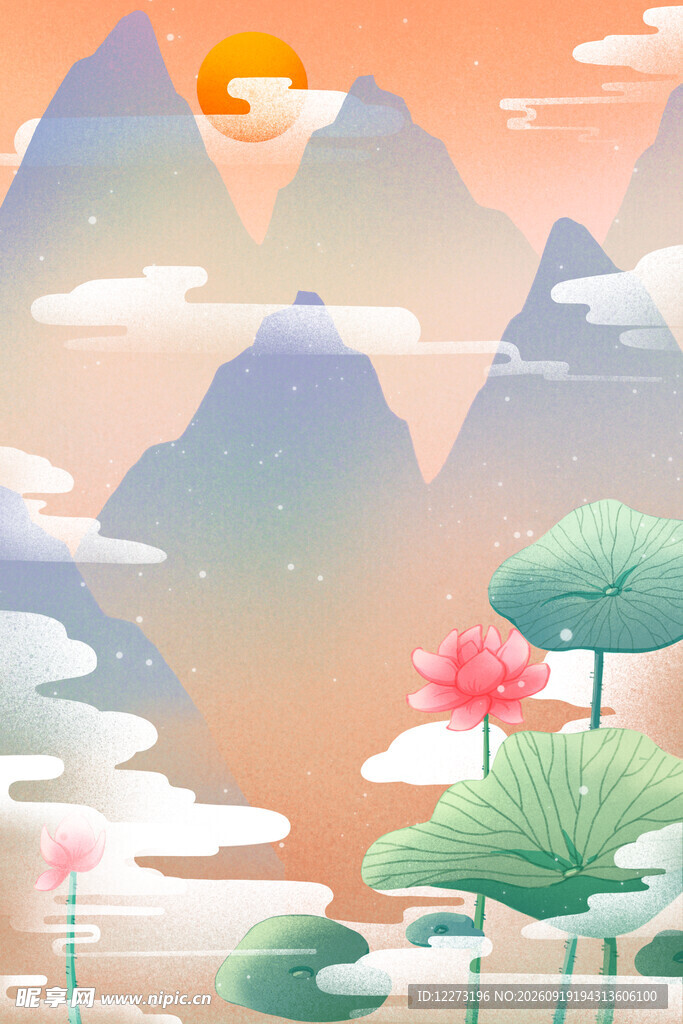 夏日荷塘山水美景图