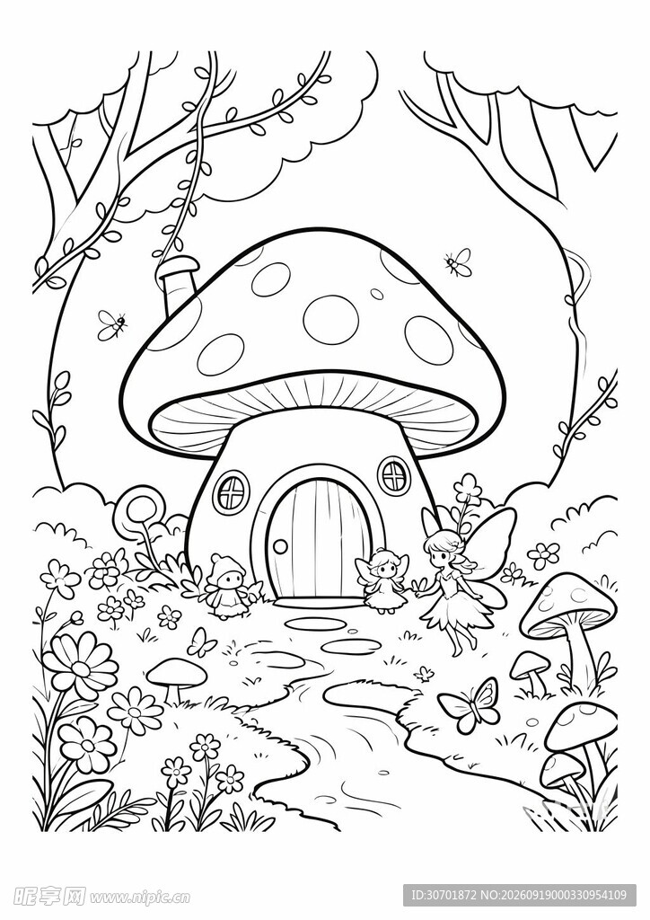 蘑菇小屋的奇幻森林场景上色线稿