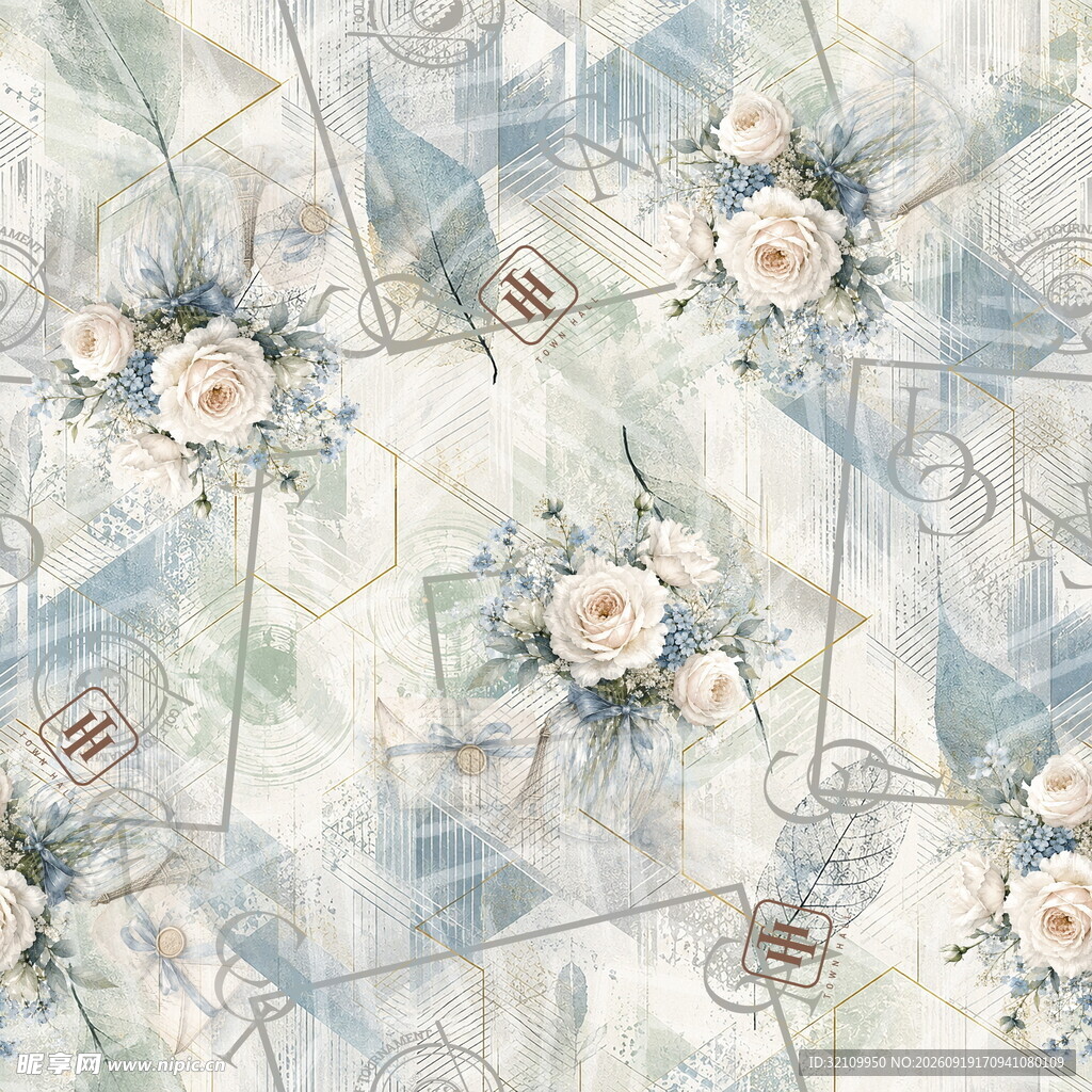 蓝白花卉几何图案纹理