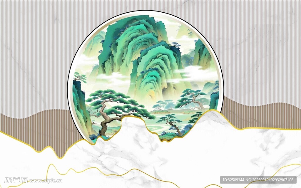 中式水墨海浪圆形装饰画
