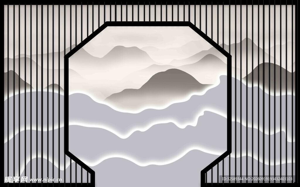 中式窗景下的山水云雾图