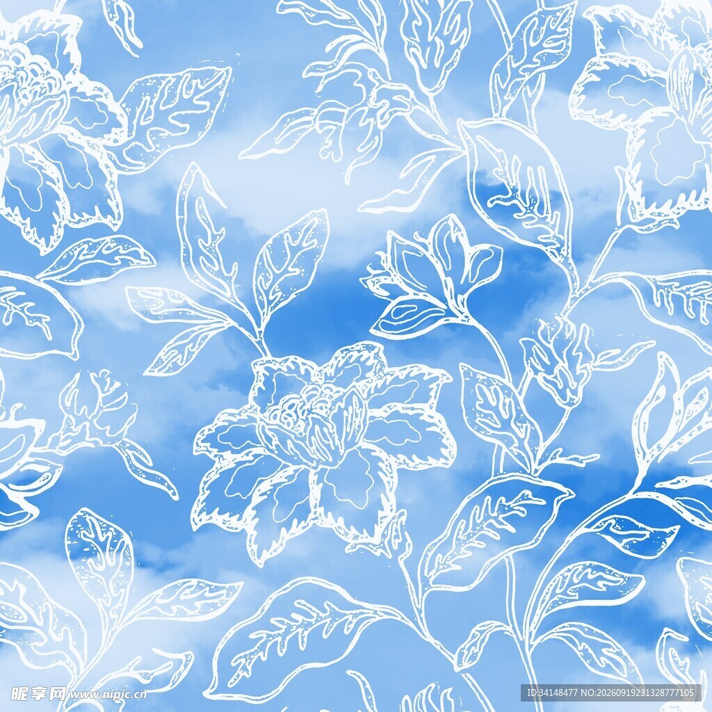 蓝底白花梦幻花卉图案