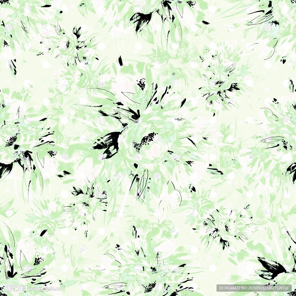 淡绿色水墨风抽象花卉图案