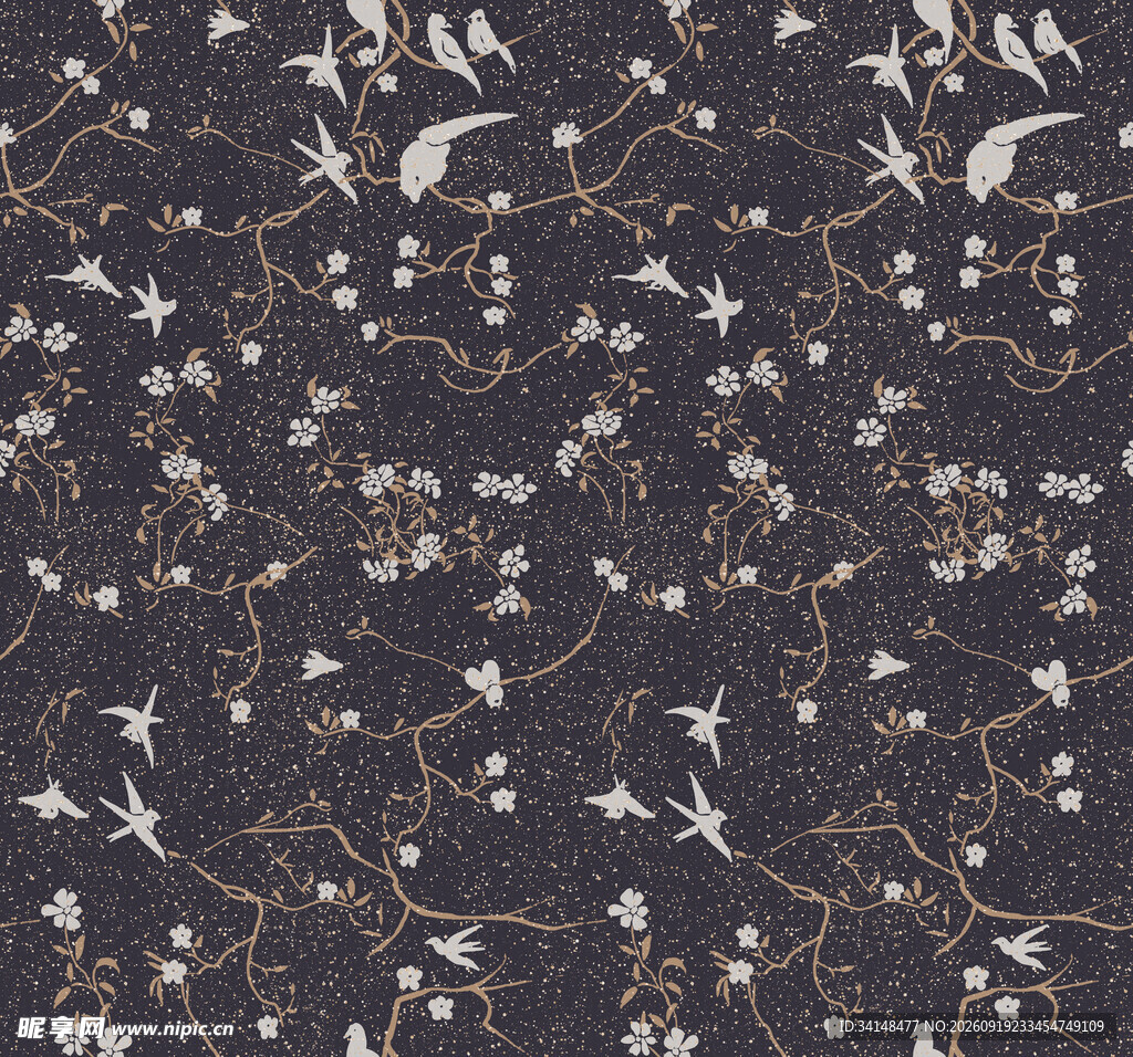 深色花卉飞鸟图案布料