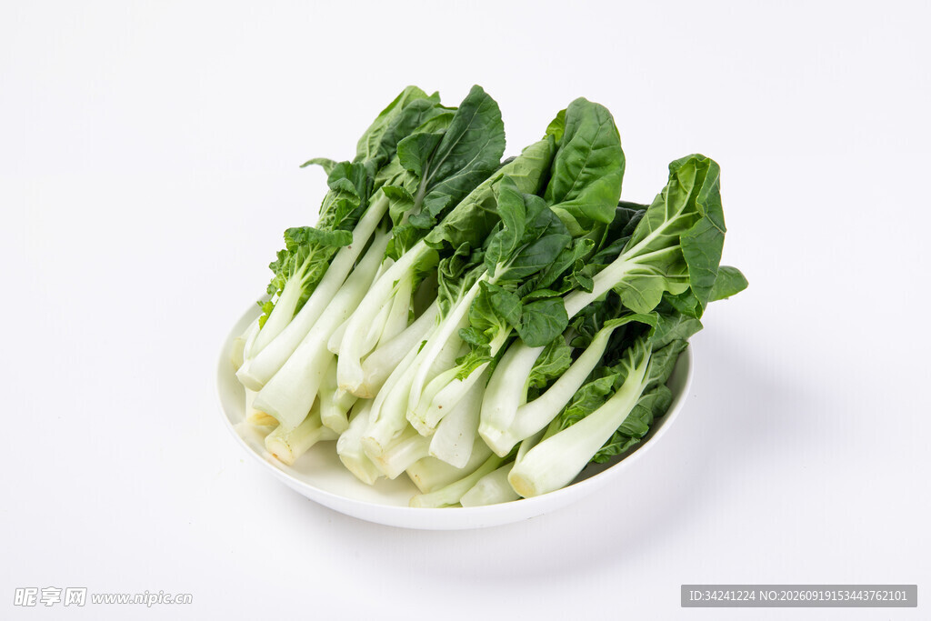 新鲜小白菜摆放在盘中
