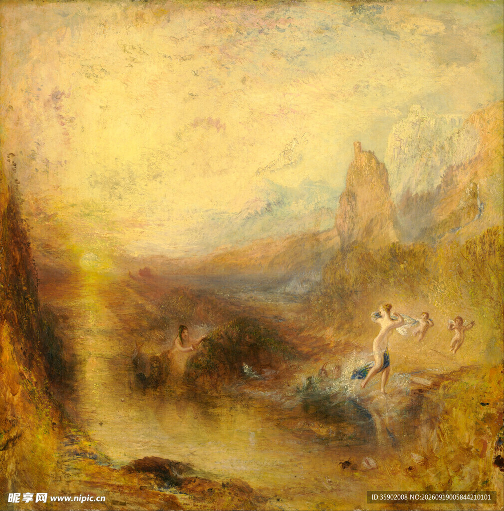 河畔风景油画