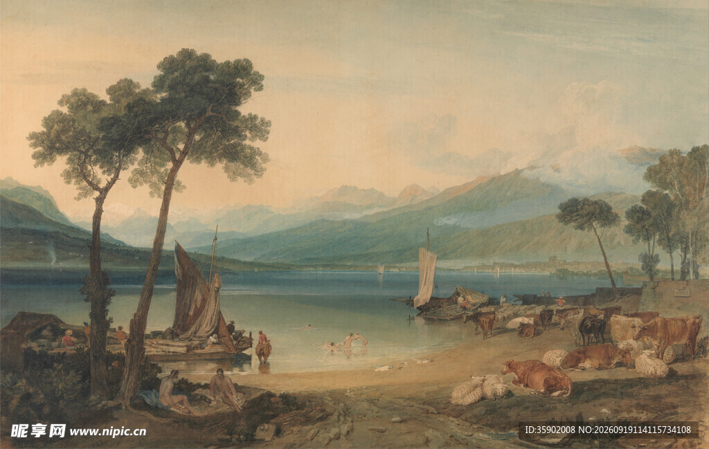 湖畔风景油画