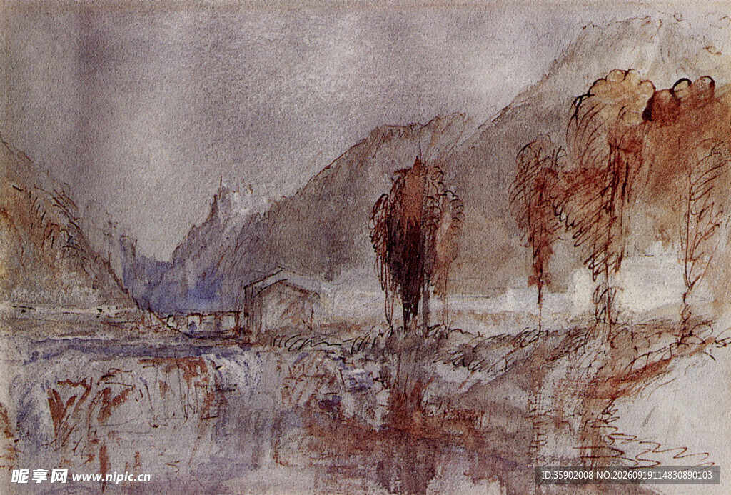 山间河畔风景水彩画