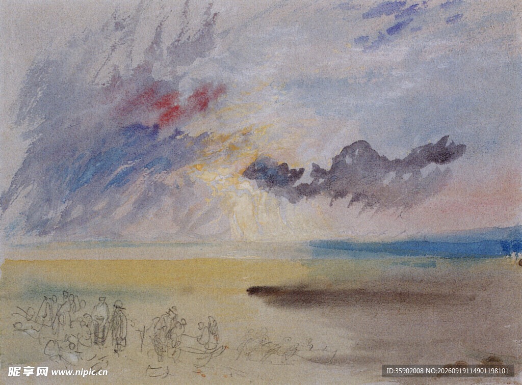 海边黄昏天空油画景象