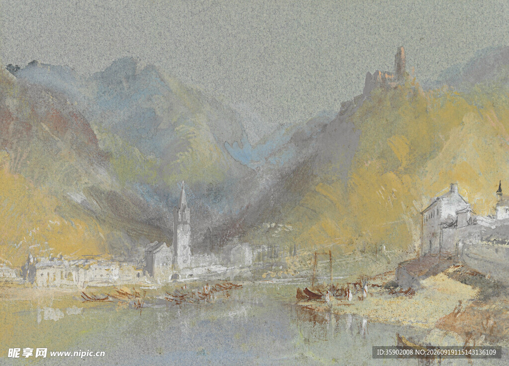 河畔山村风景油画