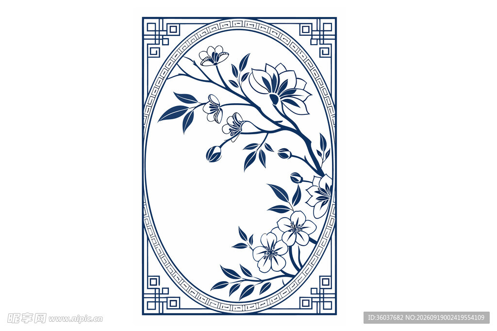 中式蓝白花卉边框图案