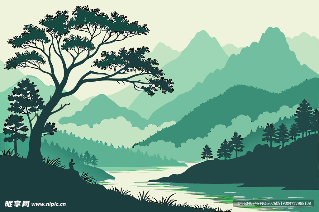 山间湖畔松景图
