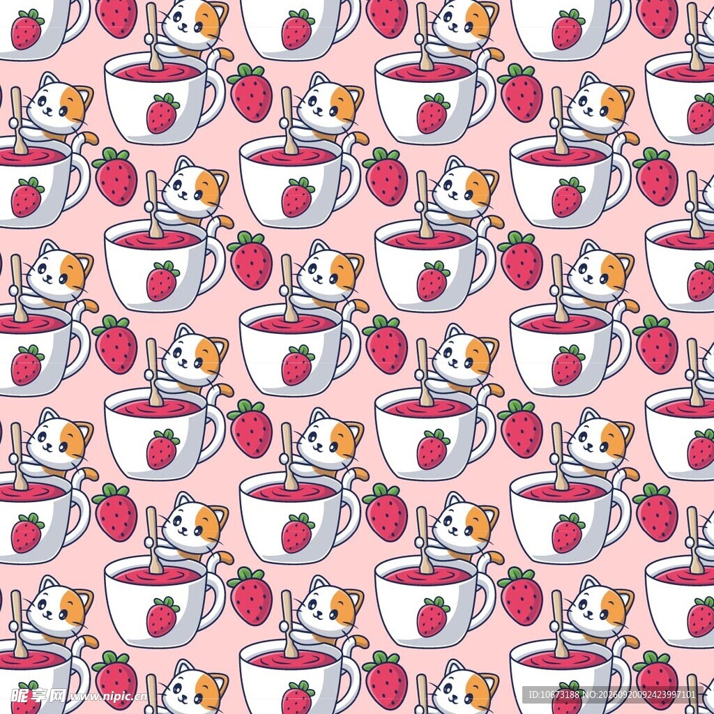 猫咪草莓茶杯图案背景