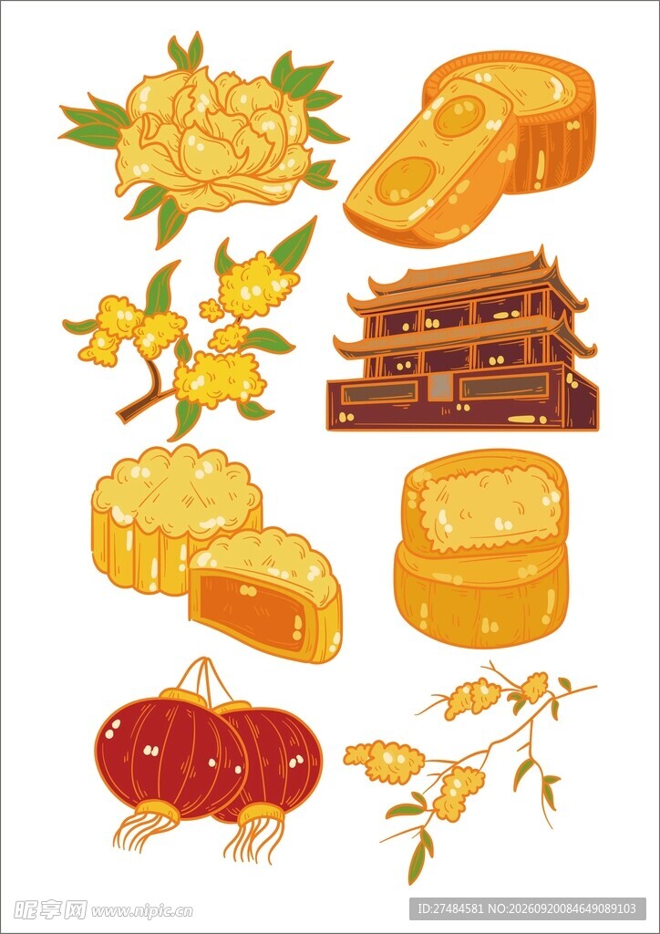 传统糕点与花卉插画展示