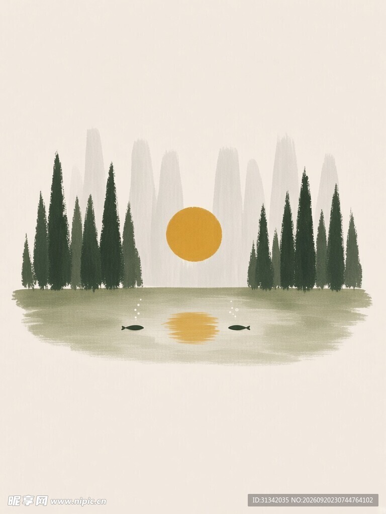 湖畔日出松林美景