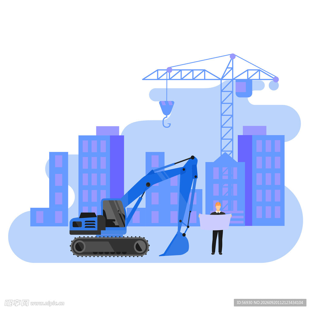 城市建设中的挖掘机与工人