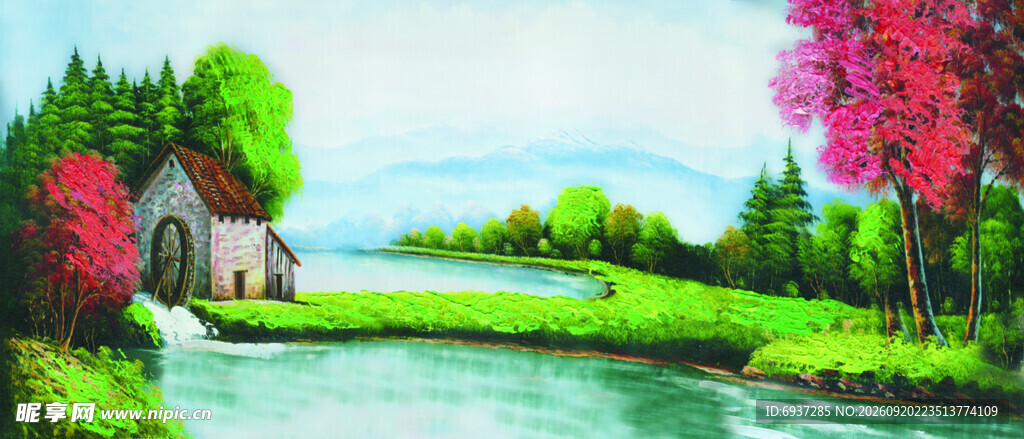 河畔小屋春色