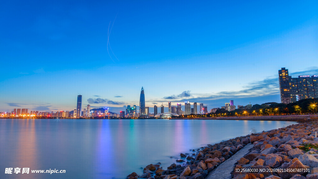 城市夜景下的河畔桥梁风光