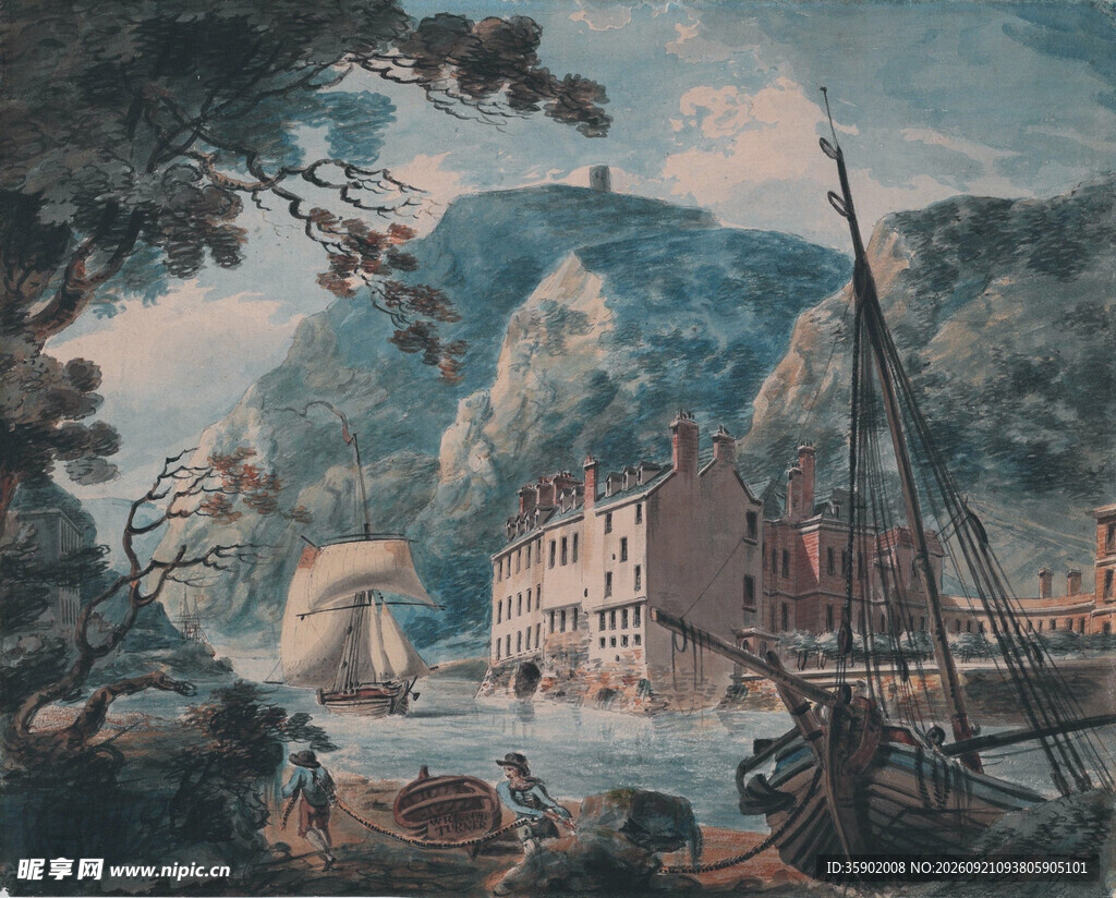 河畔风景油画