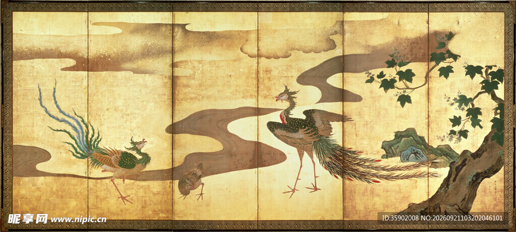 中式古风仙鹤飞鸟屏风画