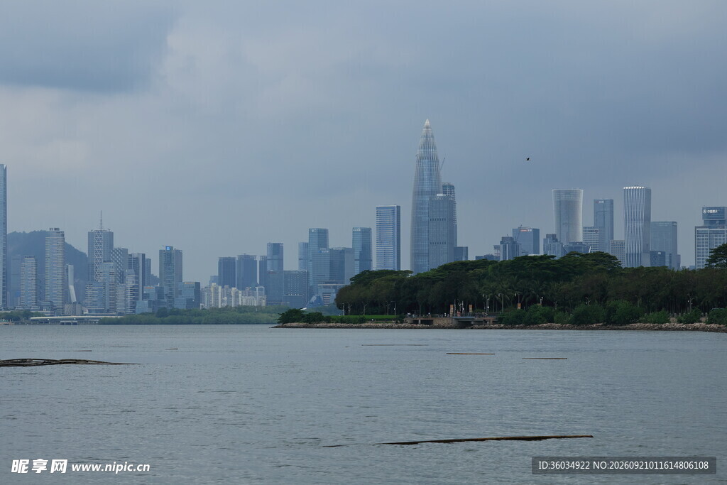 湖畔城市天际线景观