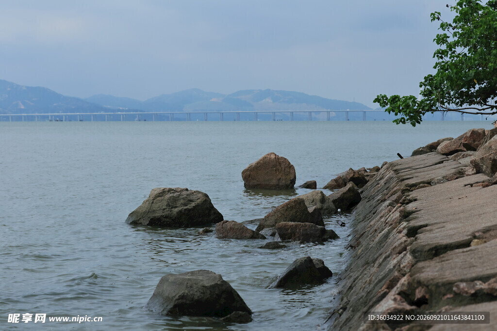 海边石岸静谧自然景致