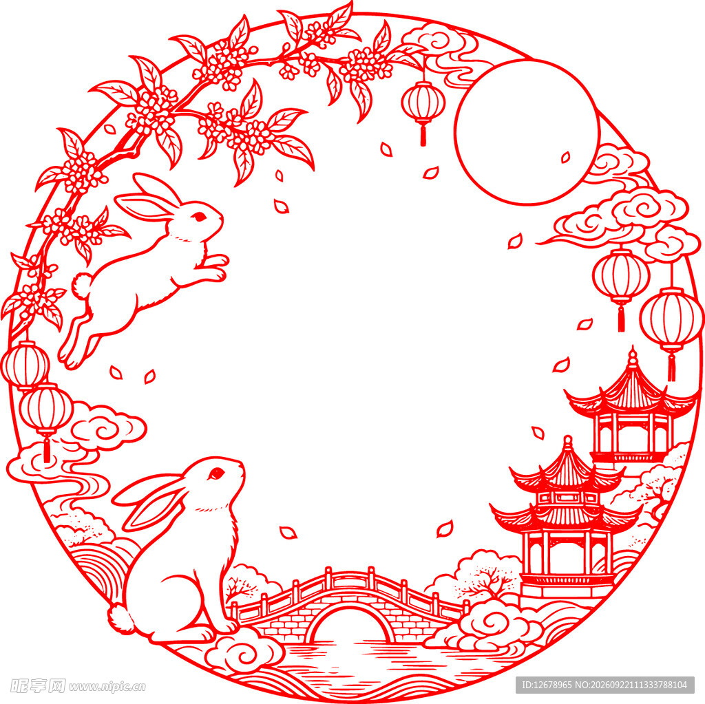 桂花兔子朗庭祥云圆形边框