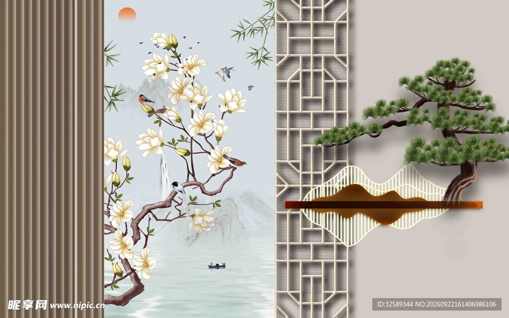 新中式禅意松梅背景墙