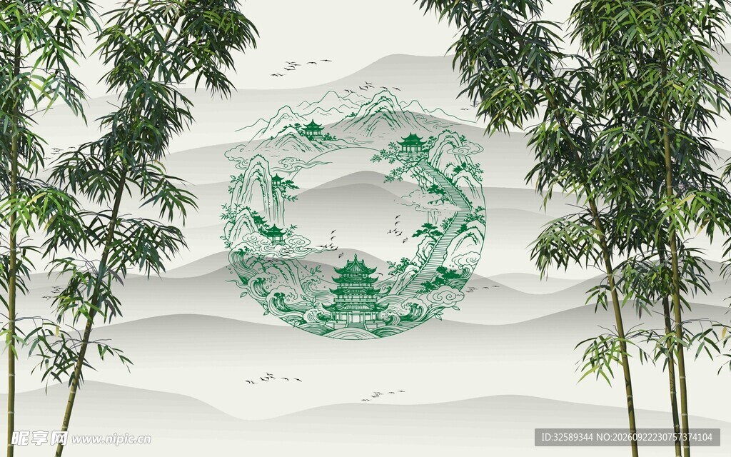 中式水墨竹林山水意境