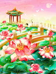 唯美荷花凉亭风景画装饰画