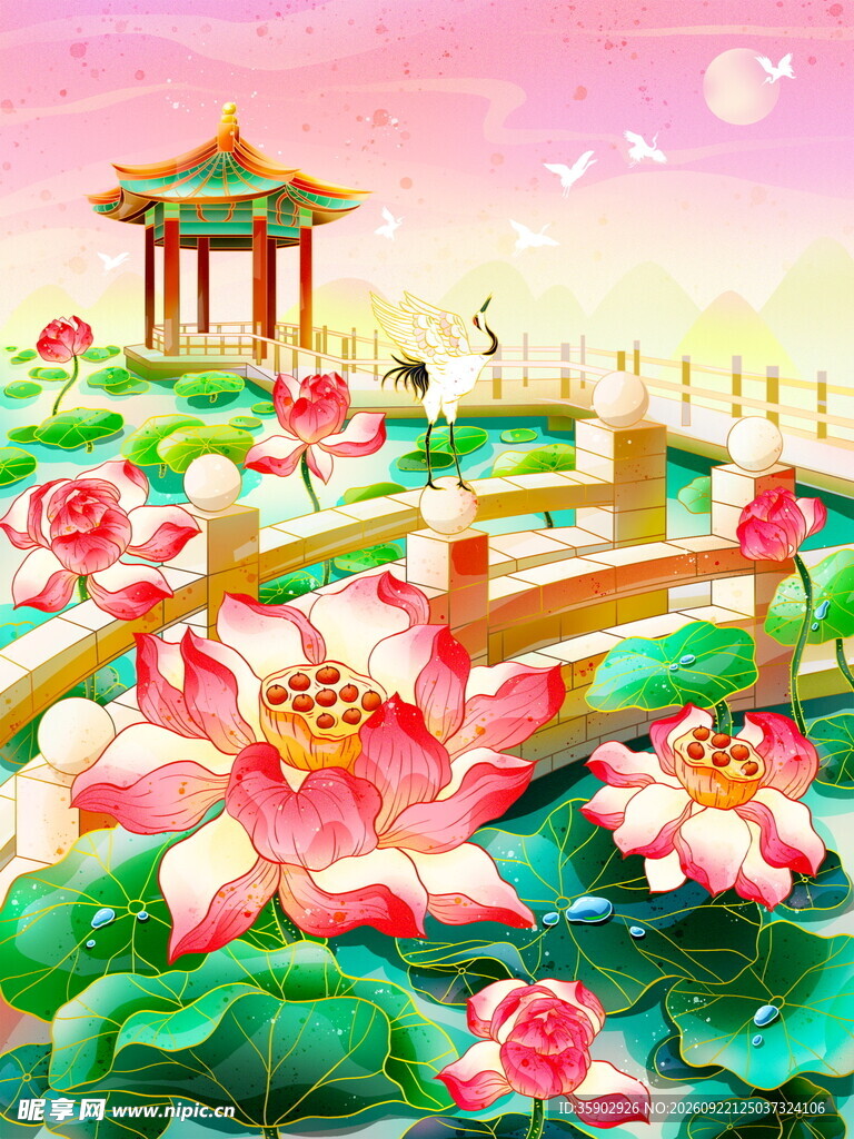 唯美荷花凉亭风景画装饰画