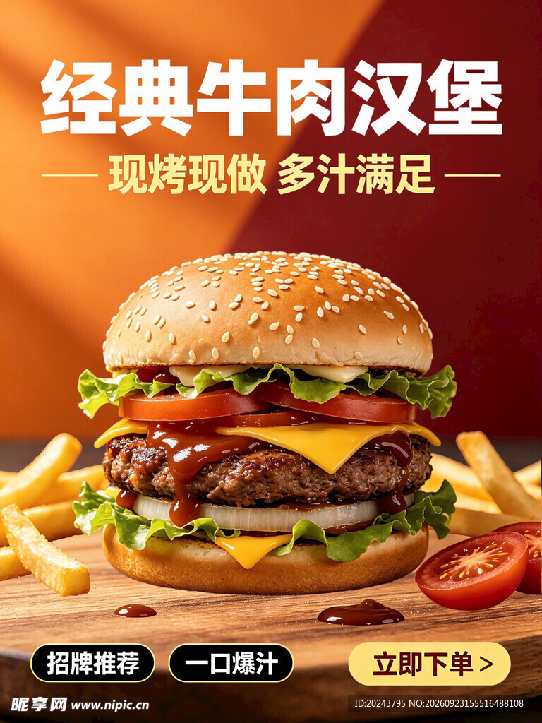 经典牛肉汉堡宣传海报